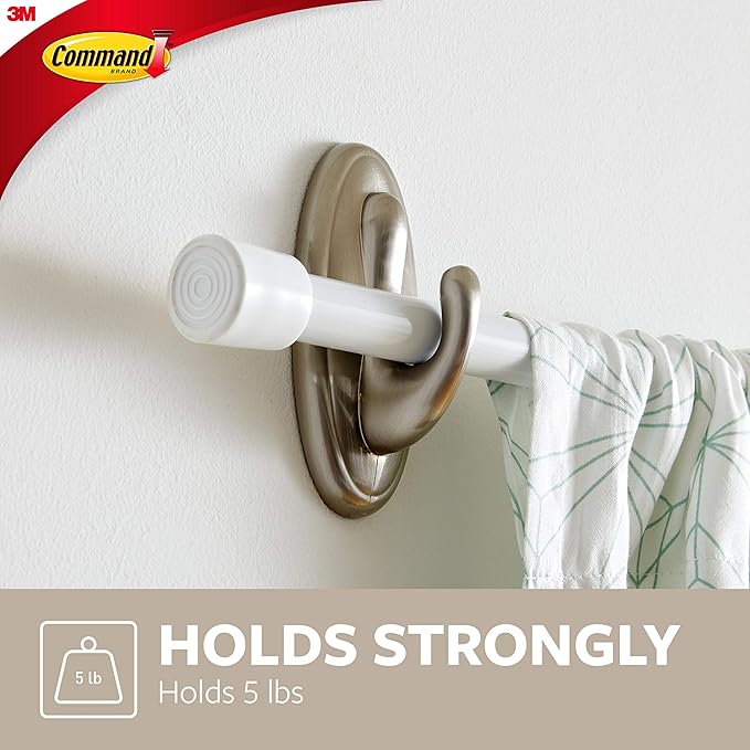 Command 17053BN-2ES Curtain Rod Hooks – Brushed Nickel, Damage-Free Hanging, 2 Hooks with Strips
